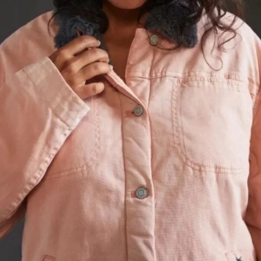 Anthropologie NWT Pilcro Pink Wash Gray Sherpa Utility Jacket Cozy S Shacket Fur - Picture 4 of 8